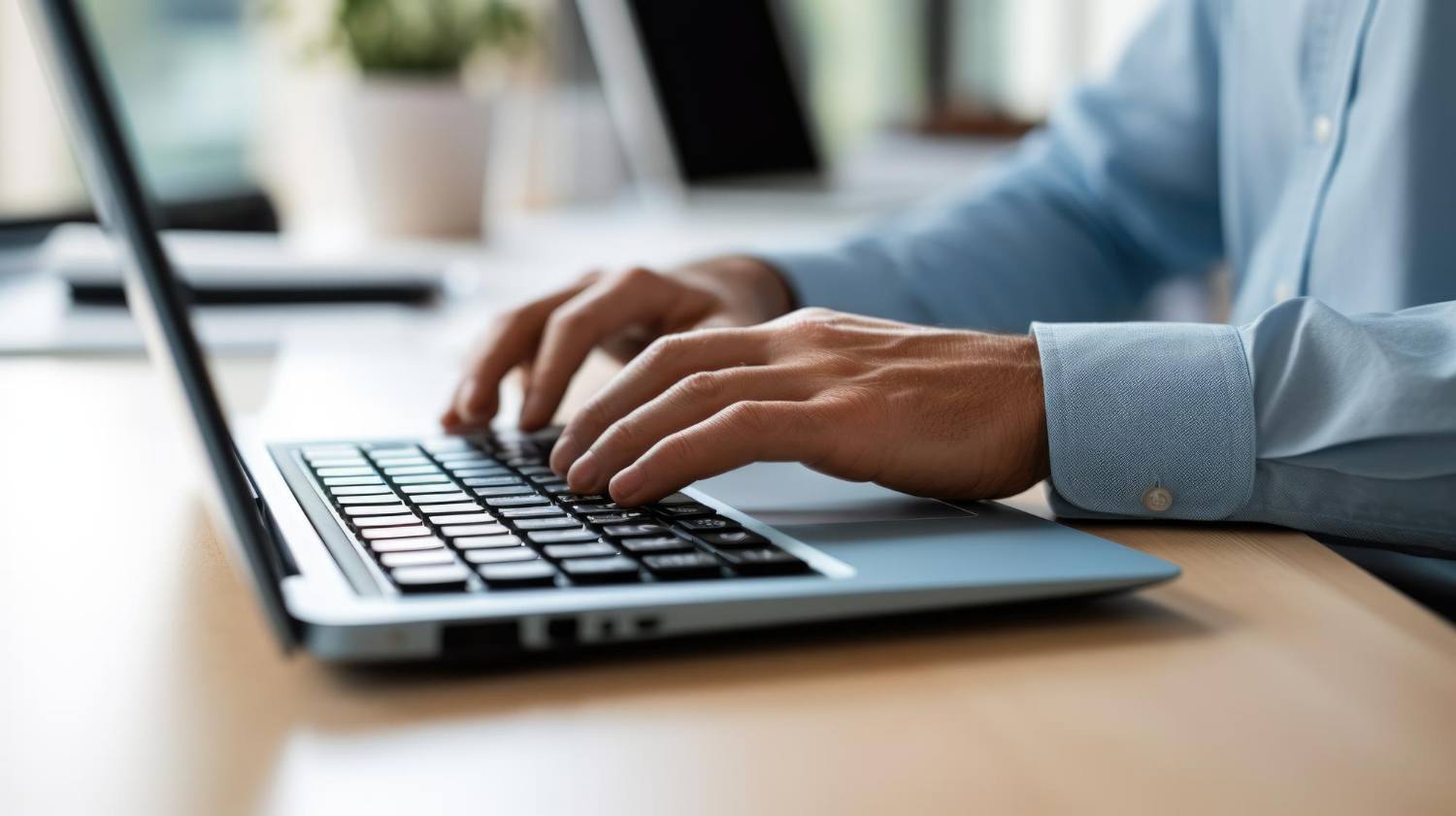 A man's hands are above an open laptop's keyboard